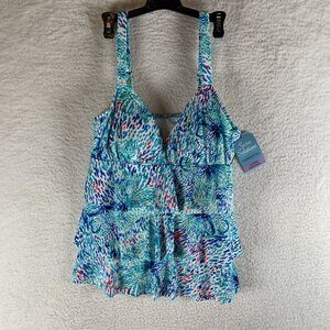 Swim Solutions Triple‎ Tier Tankini Top Women's 10 Multicolor Floral Reef Summer